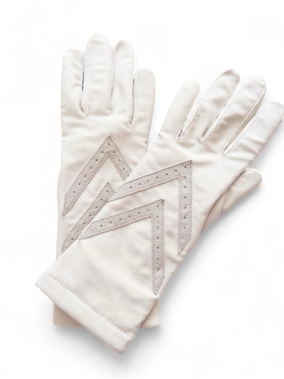 Vintage Cream Stretch Driving Gloves Grey Chevron Perforated Lined Retro 80s 90s